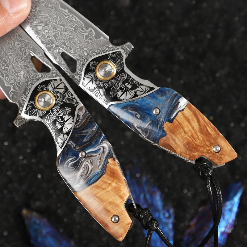 High-Quality Men's and Women's Folding Pocket Knife, Damascus Steel Pocket Knife, Wooden Handle, Camping Survival Adventure EDC