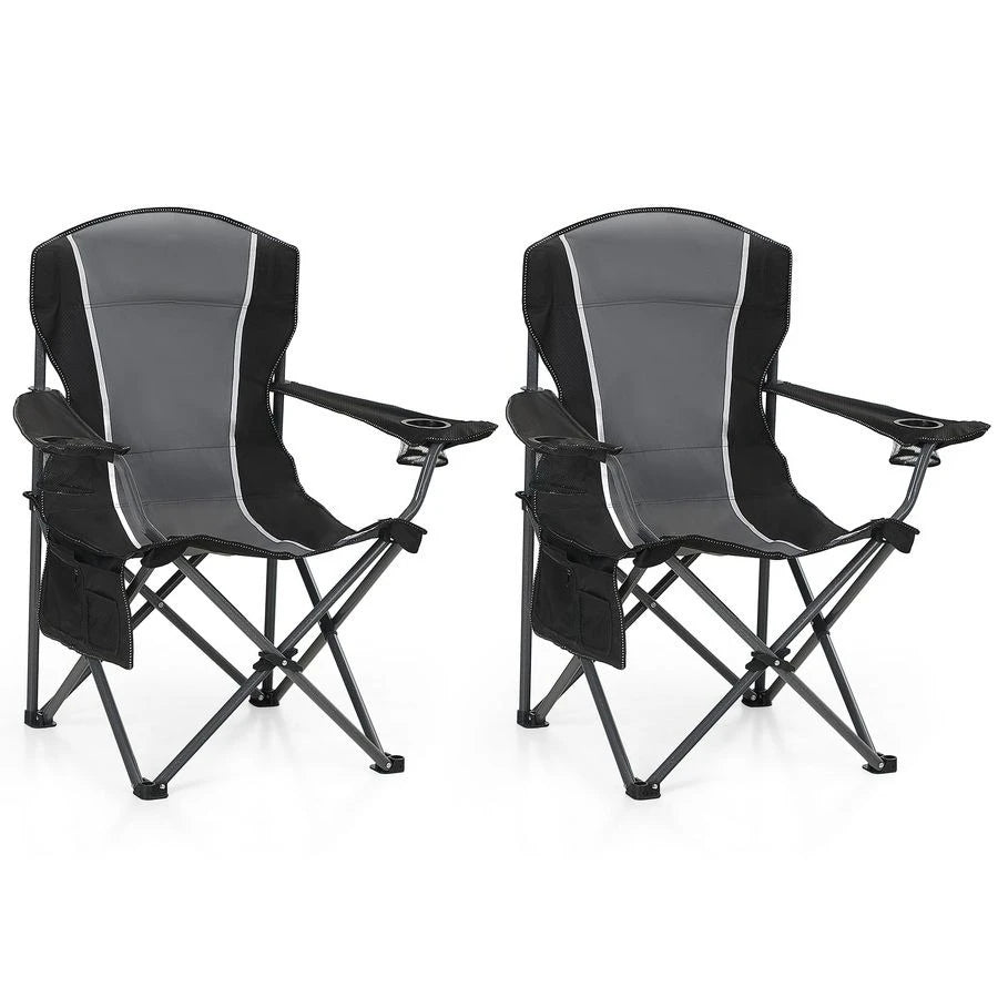 Oversized Camping Folding Chair Heavy Duty Steel Frame Support 350 LBS, Collapsible Padded Arm With Cup Holder, Quad Lumbar Back