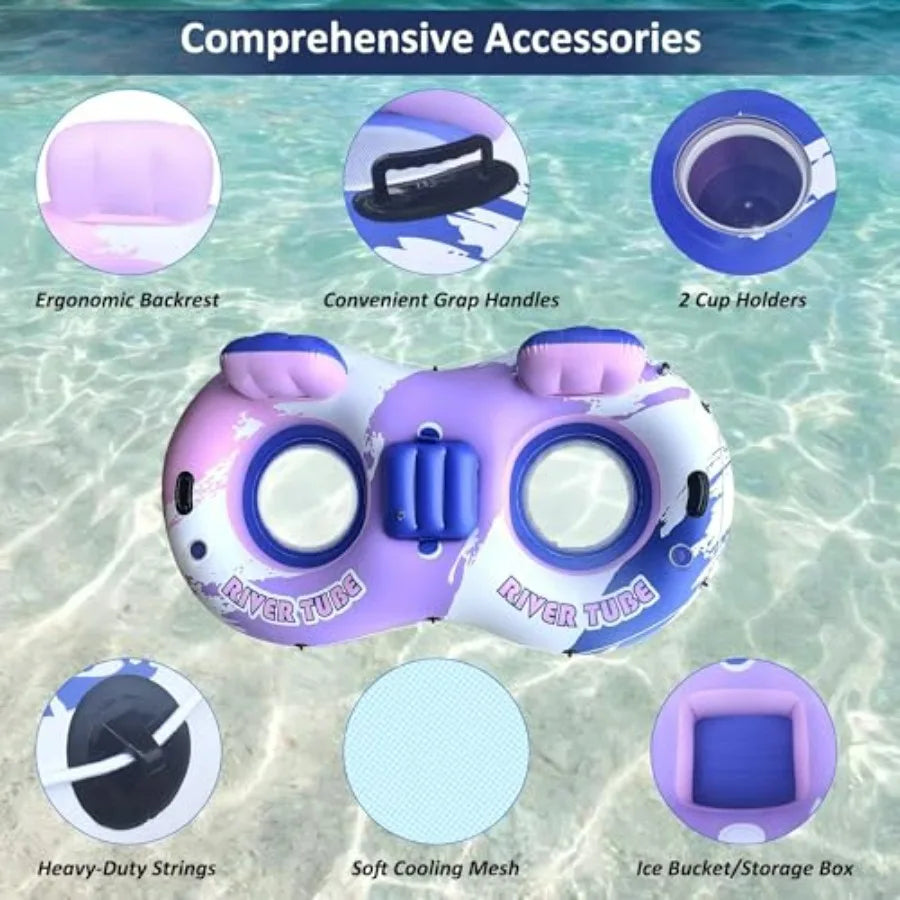 Heavy Duty Double River Tube for lakes beaches rivers pool use, PVC material, blue color, oversized 2-person inflatable float w