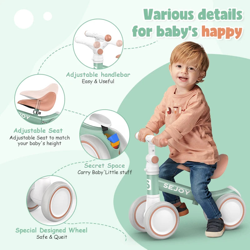 SEJOY Baby Balance Bike, 4-Wheel Ride-On Toy for Ages 12-36 Months – First Bike & Toddler Bike for 1 Year Old Boys & Girls, First Birthday Gift