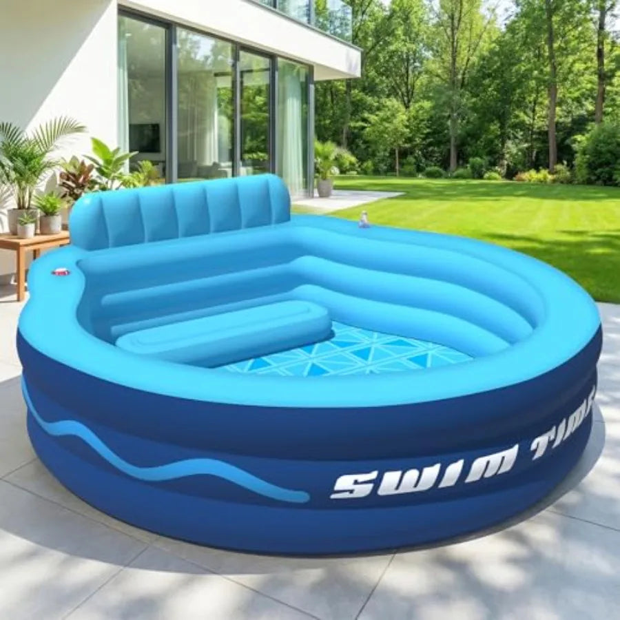 Backyard inflatable pool with seats and headrest for adults, thickened PVC blue material, oversized 90×90×20, durable family lo