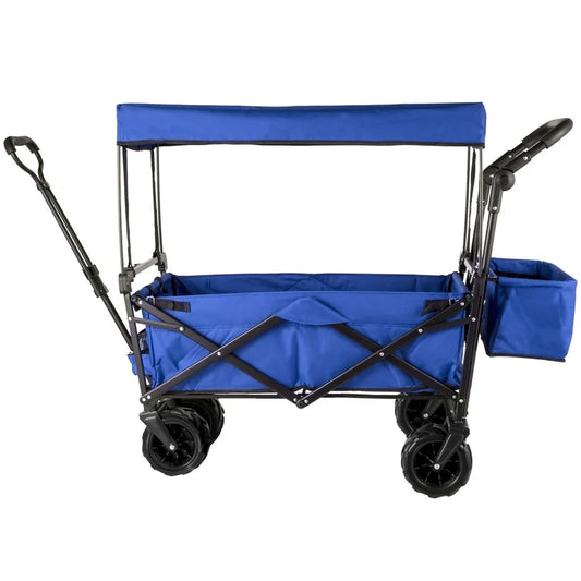 Blue Collapsible Garden Cart with Removable Canopy, Folding Wagon for Garden, Camping, Grocery, Shopping