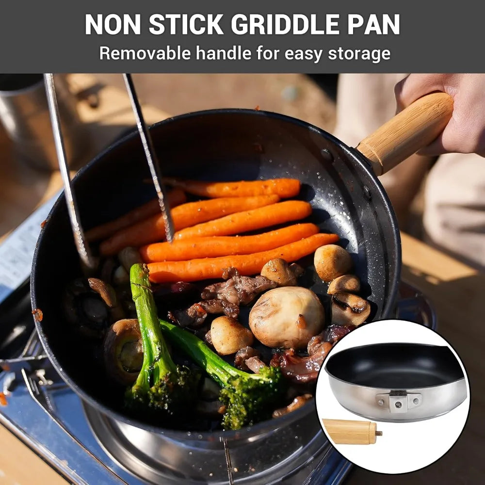 304 Stainless Steel Camping Cookware Set for 4-6, Pots Pan and Kettle with Travel Tote Bag for Outdoor Kitchen Picnic