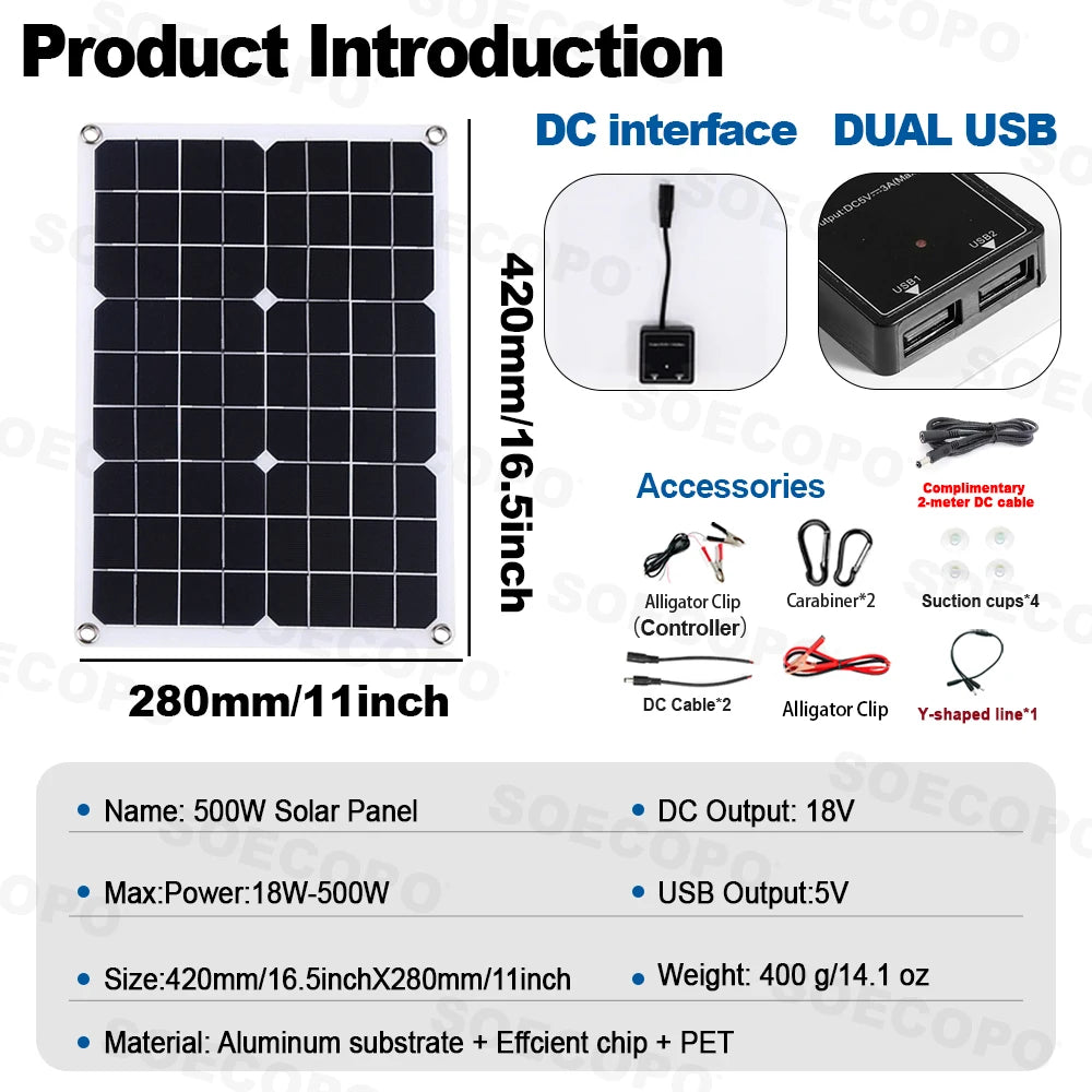 SOECOPO 1000W Portable Solar Panel Kit - 2*18V Photovoltaic Panels for Camping. Includes Free 100A Controller & USB 5V Charging.