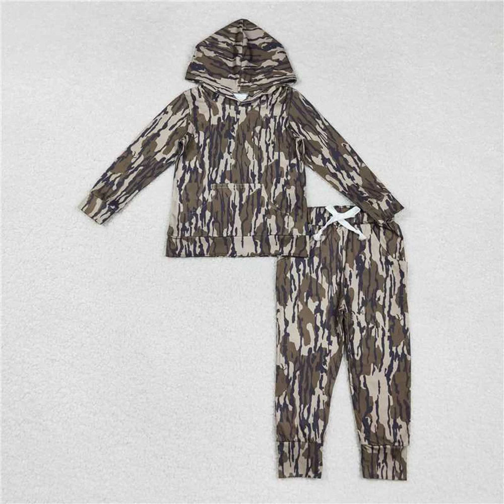 Baby Boys Brown Olive Camo Long Sleeve Hooded Shirt And Hunting Pants Set Toddler Camouflage Clothing Outfit for Kids