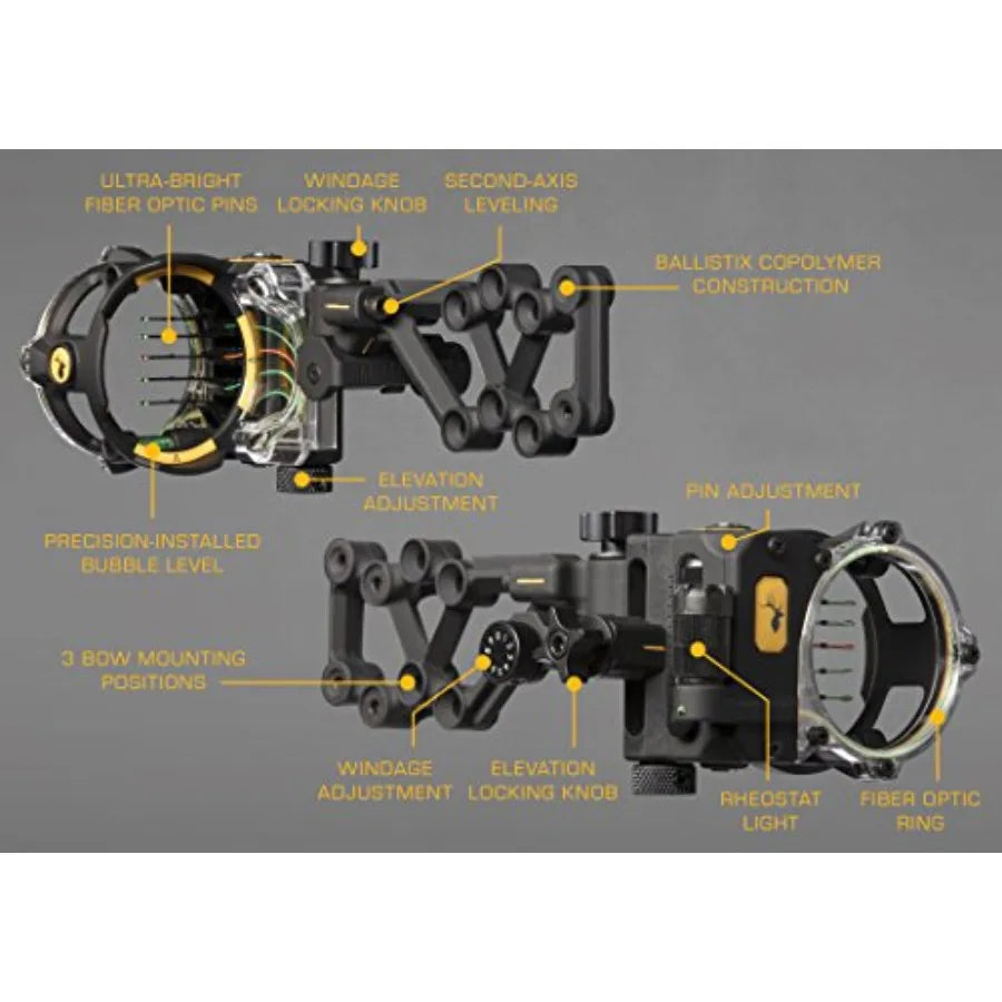 React H5 Bow Sight for Hunting and Target Shooting Black Aluminum with 5 Pin Precision Toolless Windage and Elevation Adjustabi