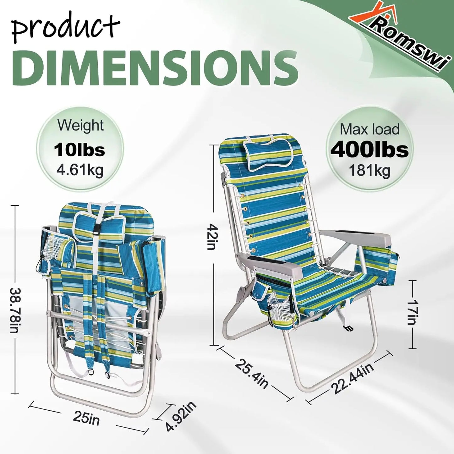 Extra Wide Tall Beach Chair 17" Seat Backpack Cooler Cup Holder 5-Position Recline Towel Bar Pocket Striped, Custom