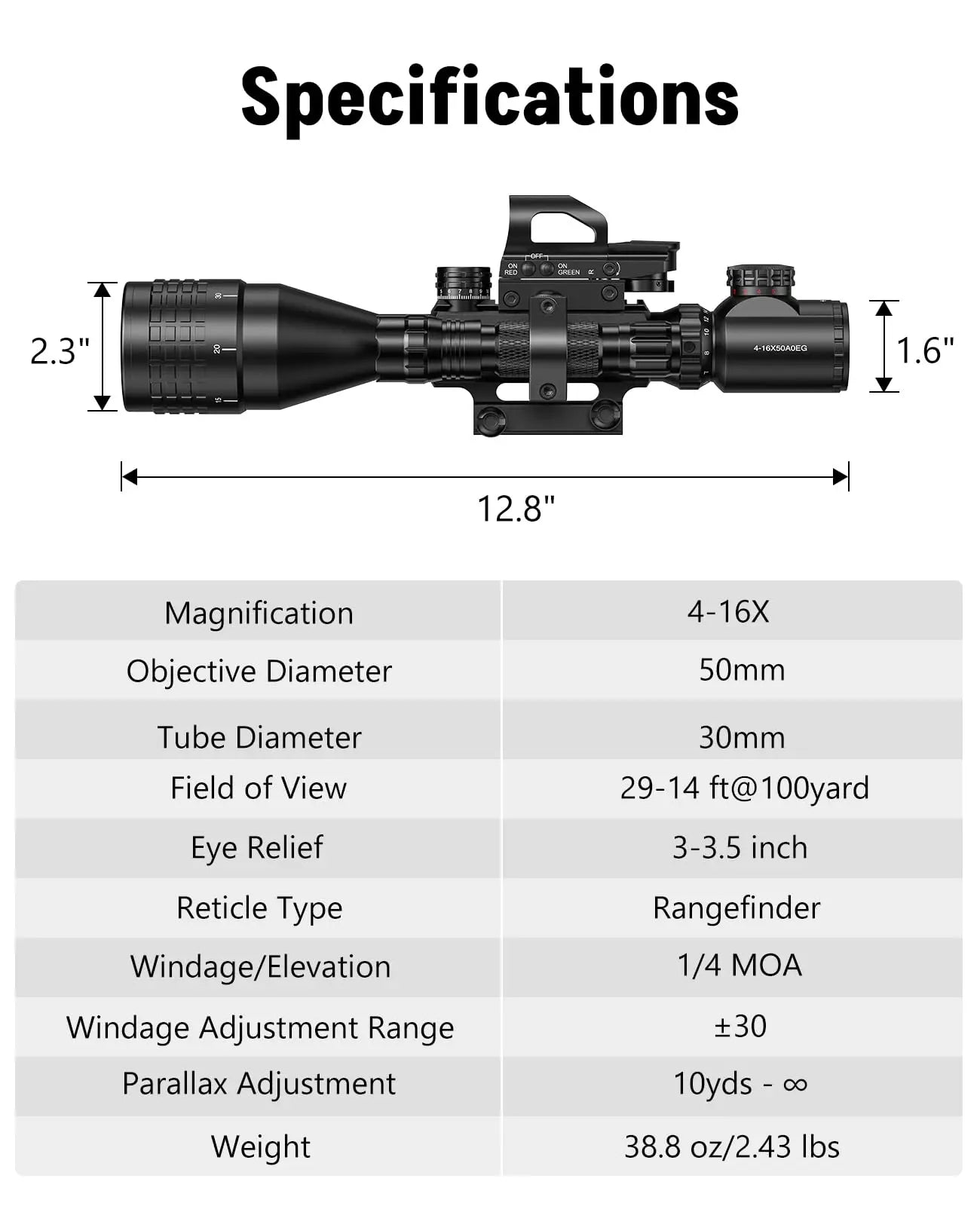 4-16X50 AO Rifle Scope Combo, Rangefinder Optics with Dual Illuminated & 4 Holographic Reticle Red Dot Sight & Green Laser Sight