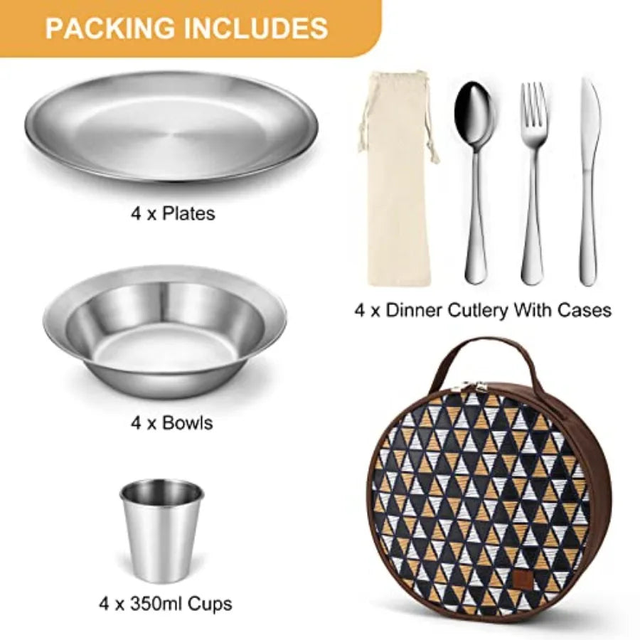 Stainless Steel Camping Mess Kit for Family and Person, Cooking Tableware Utensils with Plates Bowls Forks Spoons Knives and Sa