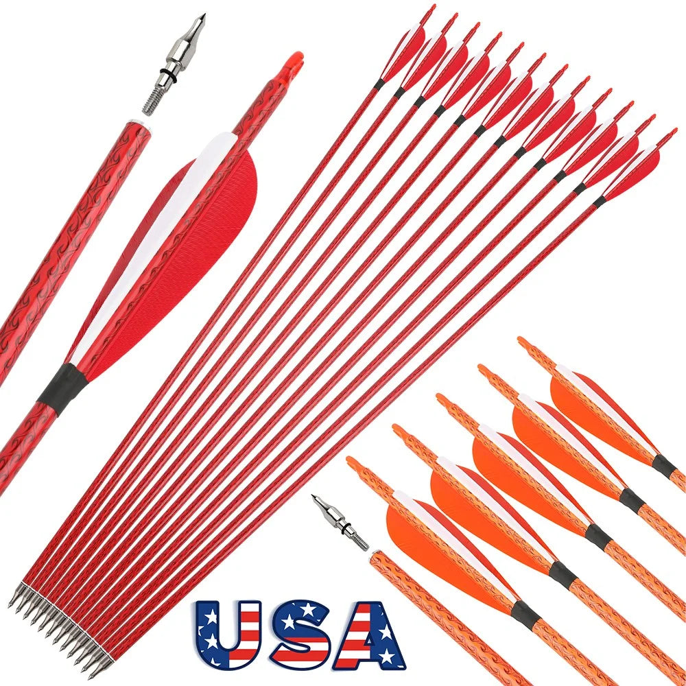 Mixed Carbon Arrows 12pcs 31.5" Spine 500 ID 6.2mm OD 7.8mm with 4" Turkey Feather and 100Grain Arrowheads for Compound Recurve Bow Hunting Shooting Target Practice Durable Archery Accessories