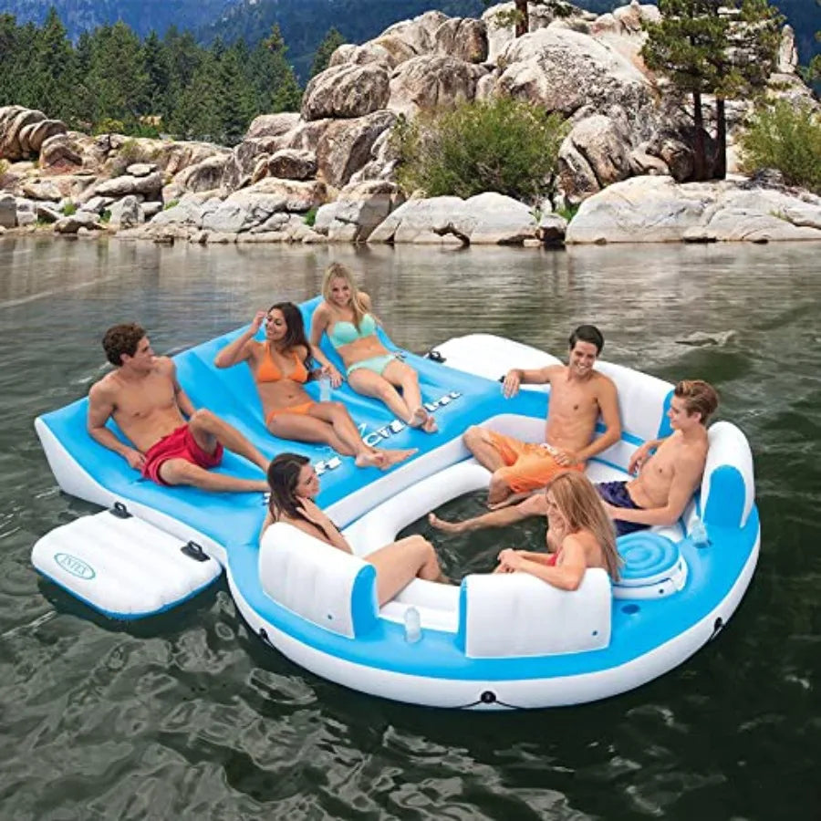 Inflatable Lake and Pool Relaxation Island Lounger Seat 145 x 125 x 20 Inch for up to 7 Adults Blue and White Splash N Chill 56