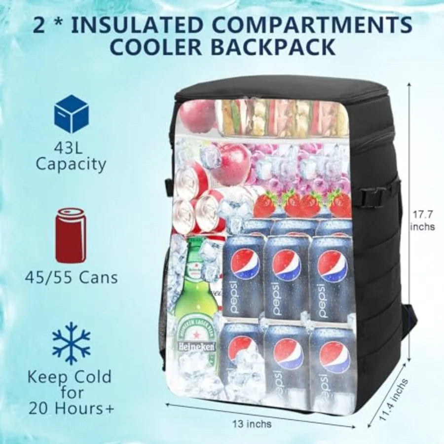 43L Cooler Backpack 45/55 Cans Insulated Leak Proof Tactical Backpack2 Insulated Comaprtments Thermal Bag Large Lunch Outdoor B