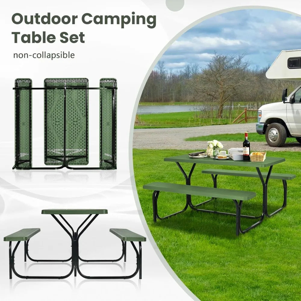 Portable Picnic Table Bench Set for 4, Heavy-Duty Steel Frame & Resin Top, All-Weather Outdoor Camping BBQ Garden Green