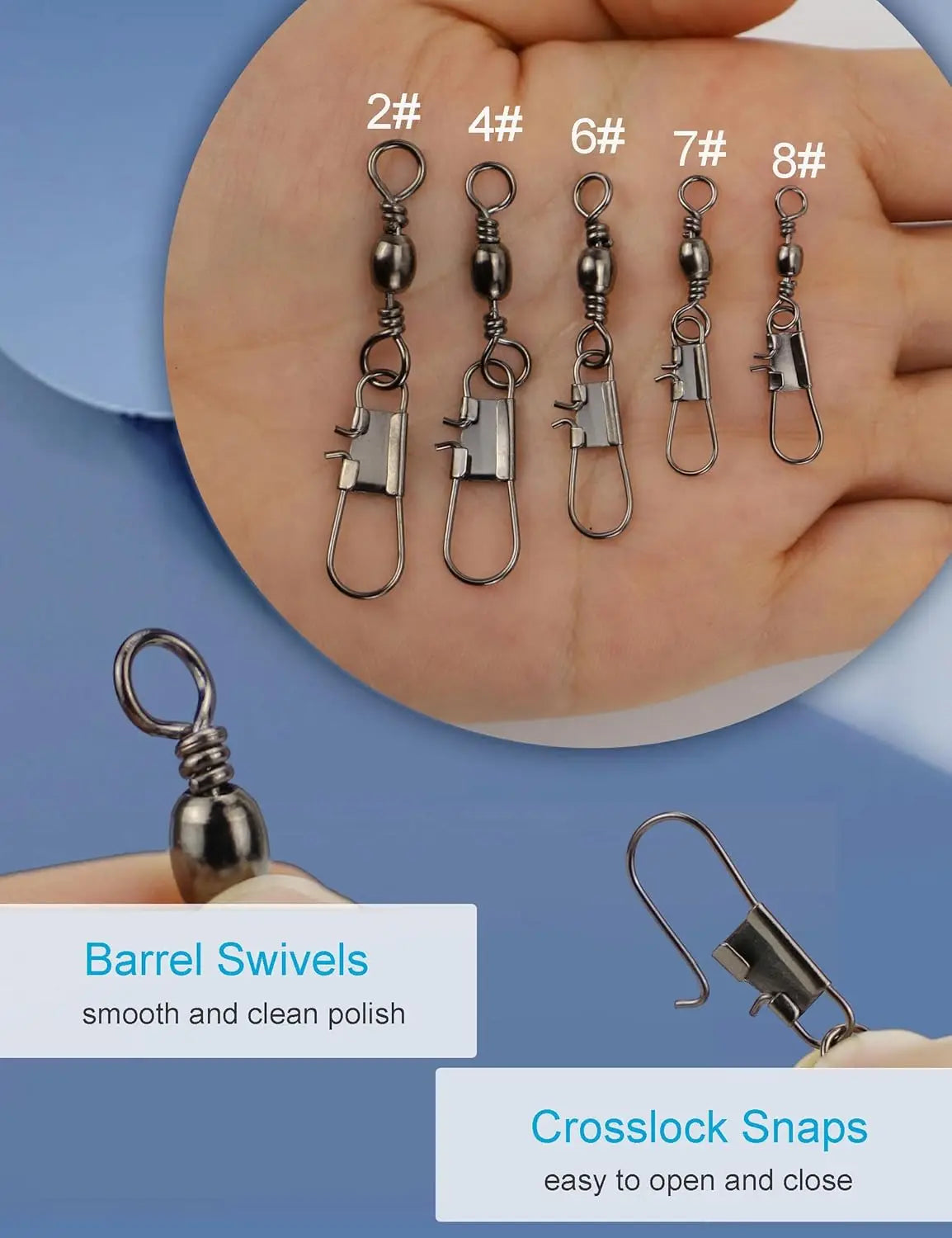 210pcs Fishing Swivels Snap Swivels Barrel Swivels with Snaps Saltwater Freshwater Snap Connector, 5 Sizes 20-70pcs