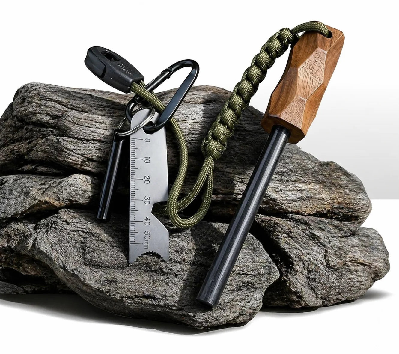 4-piece set, wooden handle magnesium ignition stick, multifunctional scraper, hanging rope whistle, climbing buckle, waterproof and durable, emergency ignition, suitable for outdoor camping, hiking, wilderness survival, magne