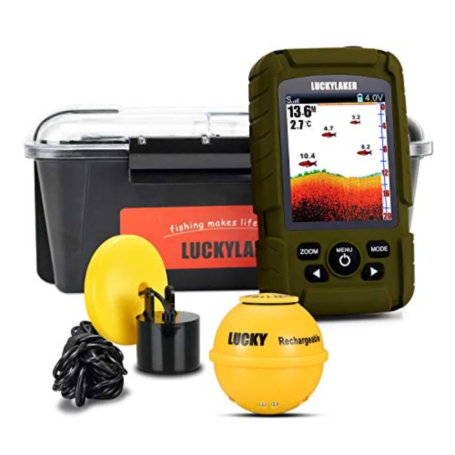 Ice fishing, sea fishing, kayak: wireless handheld fish finder with wired transducer, waterproof portable sonar depth sensor in