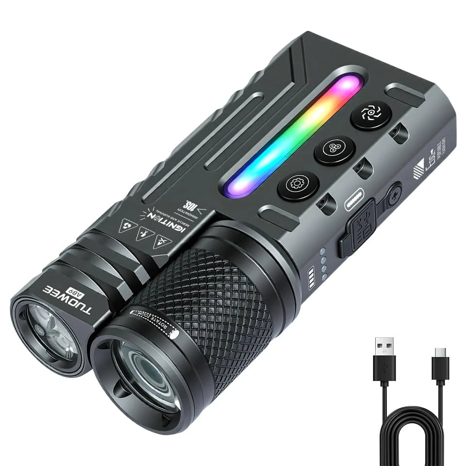 IPX4 Waterproof 3000LM Zoomable Tactical Flashlight, USB-C Rechargeable Dual Light Flashlight with RGB Light, Multi Modes EDC Torch for Outdoor Camping Emergency
