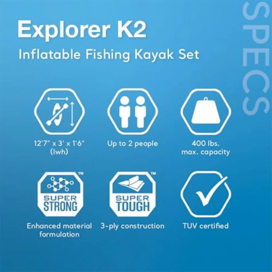 68309EP Excursion Pro K2 Inflatable Kayak Set: 2-Person 400lb Ccity SuperTough PVC Adjustable Bucket Seat Includes Deluxe 86in