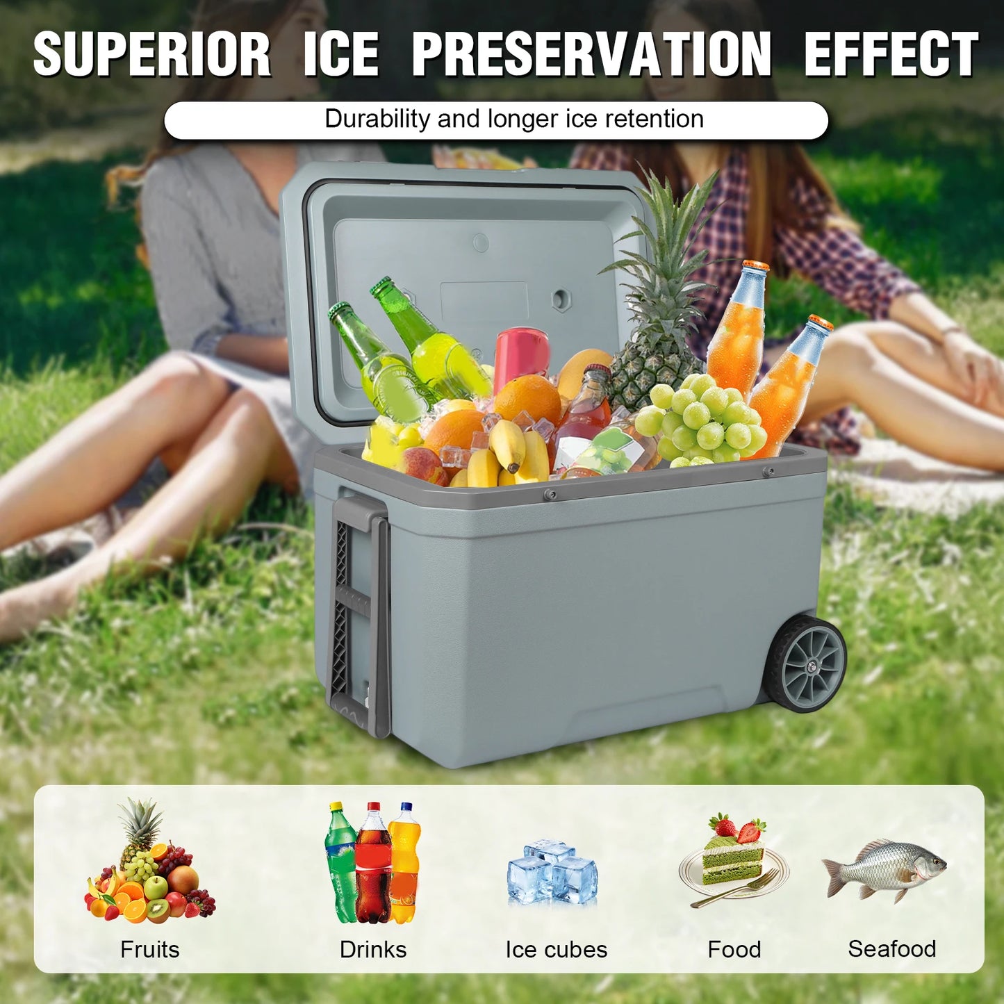 70L Camping Cooler Hard Shell Portable Car Wheel Insulator Plastic Cooler Box Ultra-Light with Handle for Beach Beverage Camping