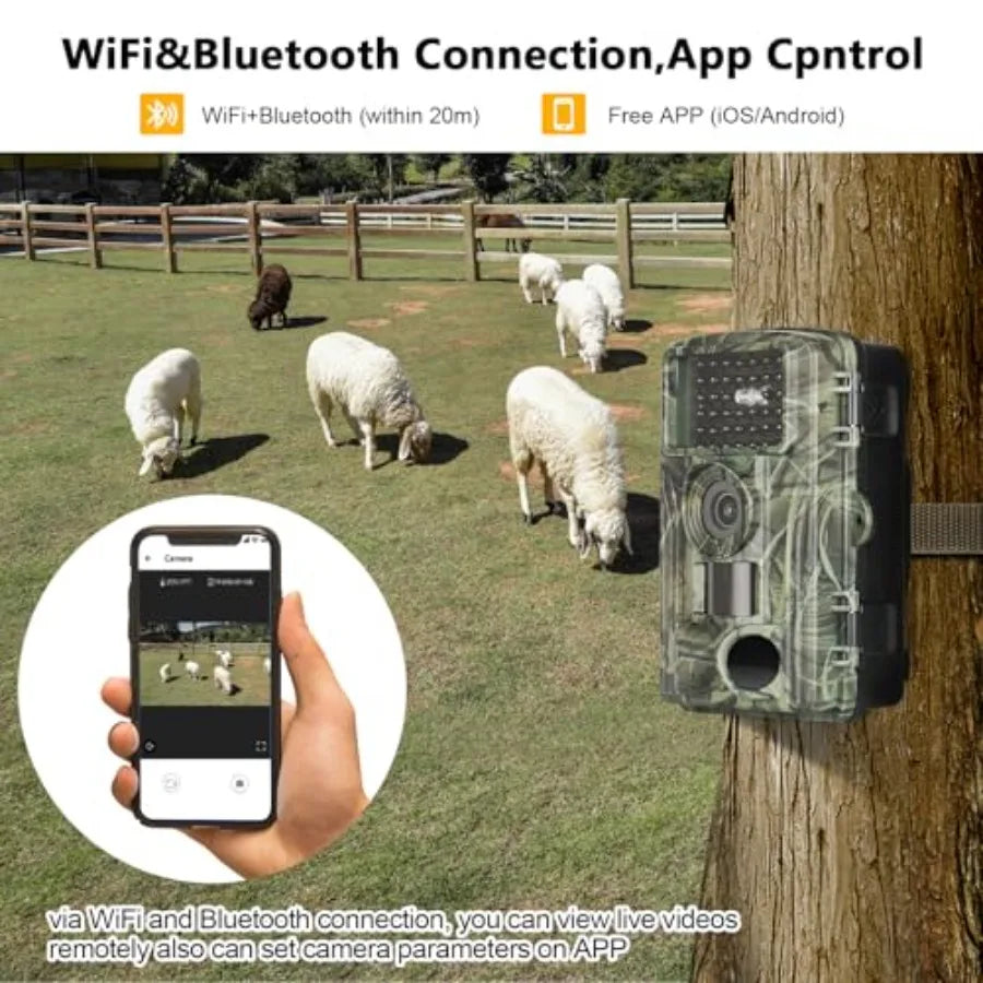 Wildlife monitoring trail camera with 4K/60MP resolution, IP66 waterproof housing, black matte finish, no-glow infrared LEDs an