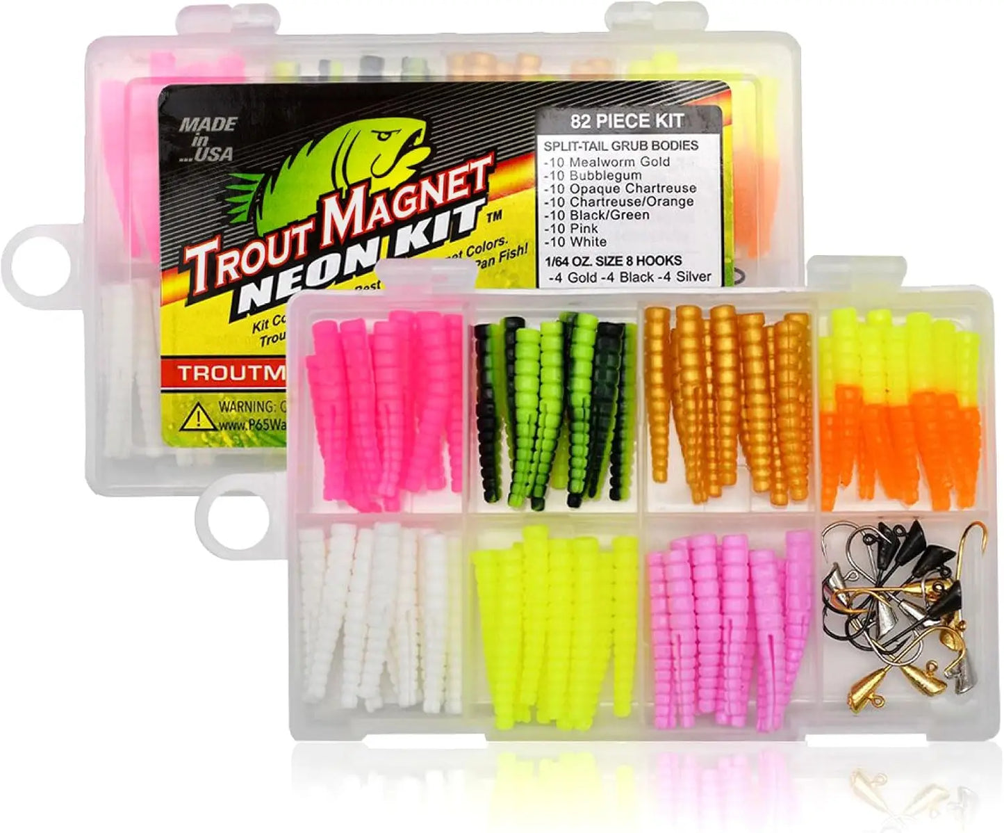 Neon Fishing Grub Bodies Kit 70pcs + 12 Hooks, Trout Magnet Lures for Freshwater Bass Panfish Crappie, Horizontal Fall Jig Set for Tackle Box