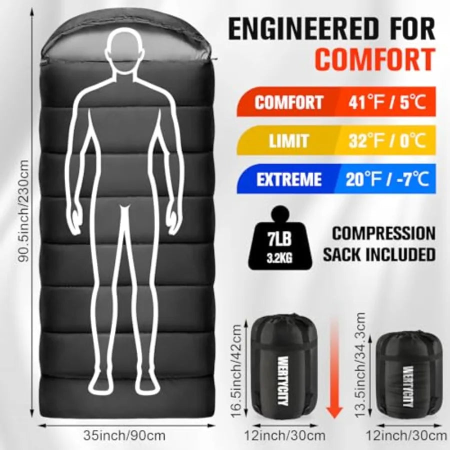 0 Degree Sleeping Bag for Adults, XXL Big and Tall 4 Season Cold Weather Winter Camping with Compression Sack