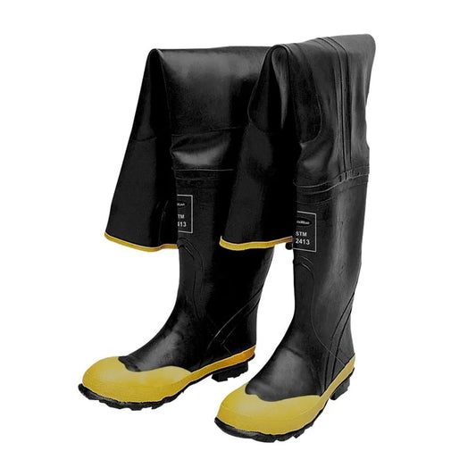 Hip wader boot for outdoor work, rubber fabric lined, black, reinforced knee and front for durability