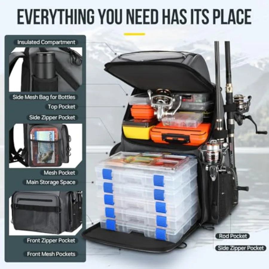 Cooler Fishing Backpack with Rod Holders 45L Large Water-resistant Fishing Tackle bag Store Fishing Gear Fishing Gifts for Men