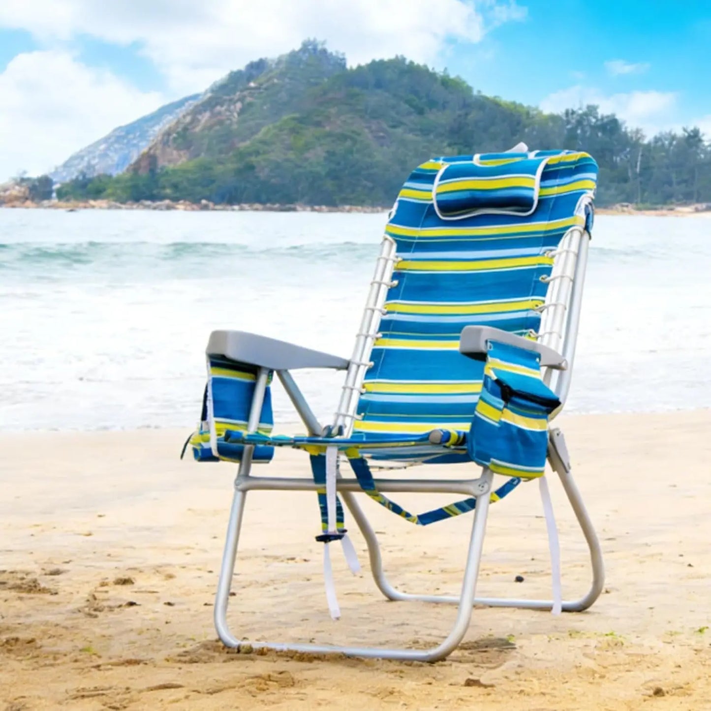Extra Wide Tall Beach Chair 17" Seat Backpack Cooler Cup Holder 5-Position Recline Towel Bar Pocket Striped, Custom