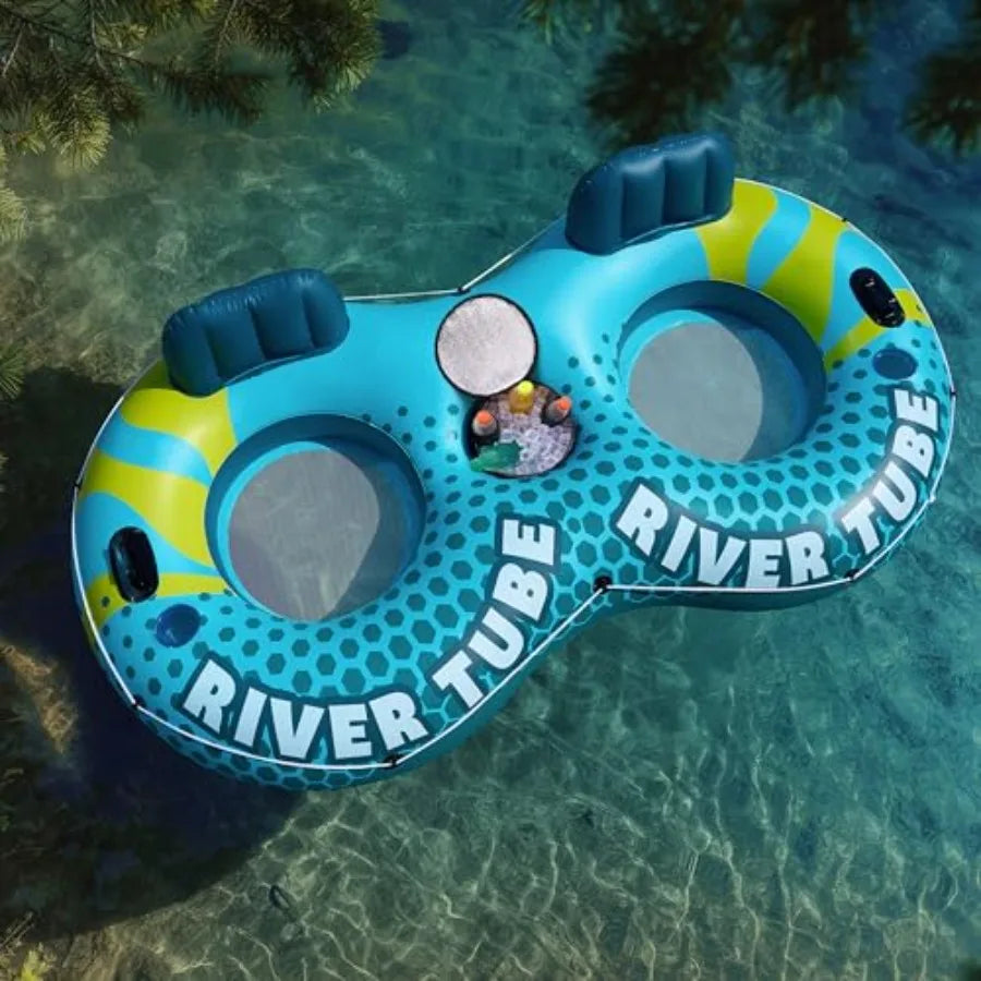 River Tube For Adults, Heavy Duty PVC, Blue, Extra-Large Floating Raft With 2 Cup Holders And Removable Cooler