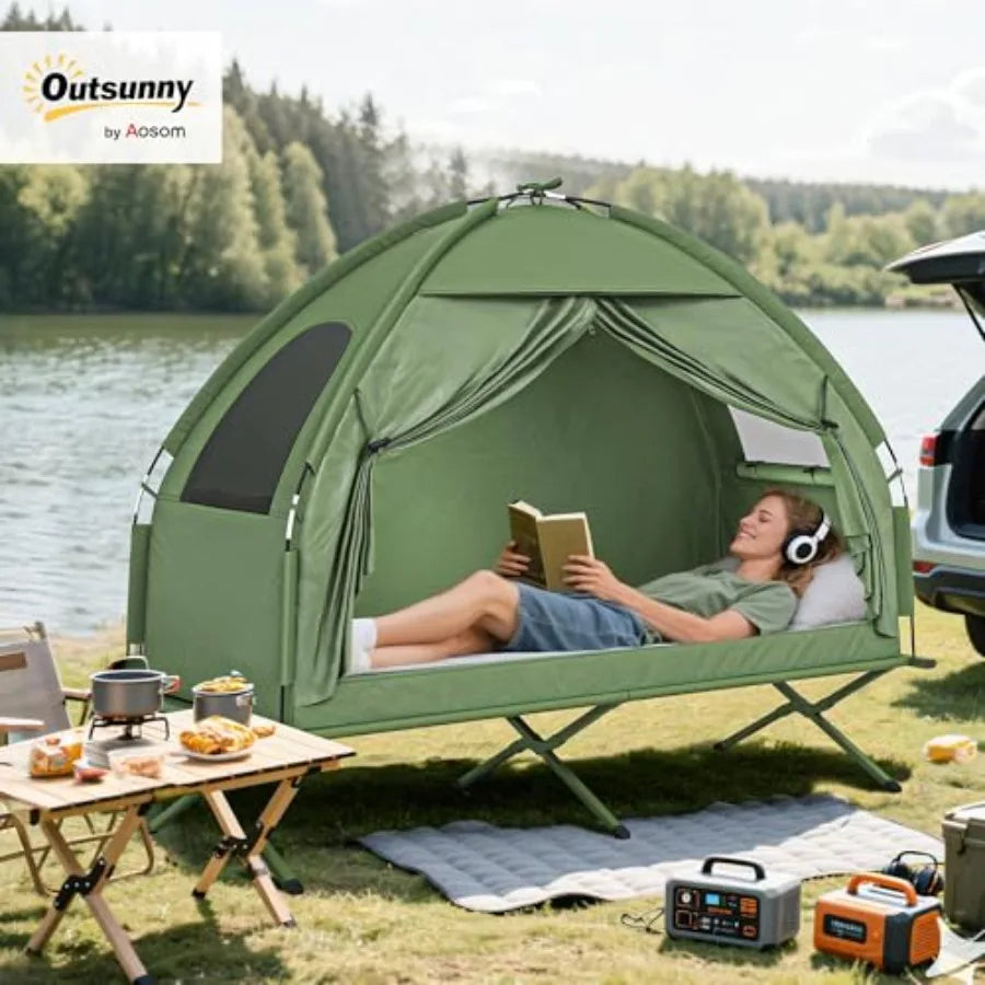 Camping Tent Cot: Off-Ground Single-Person Folding Cot Combo with Waterproof Polyester Tent, Gray/Black, Lightweight Compact fo