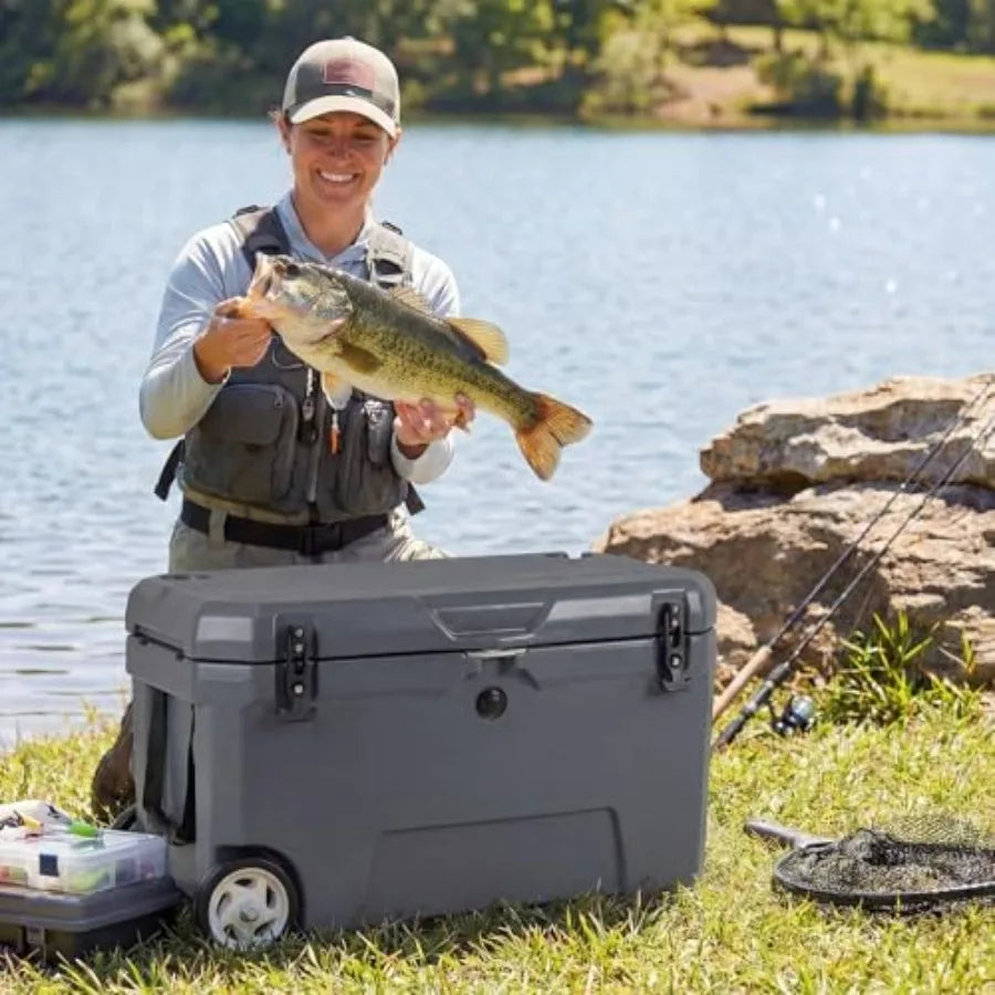 Portable Hard Cooler for Camping, Fishing, Beach: Rotomolded Polyethylene, Gray, 6-Day Ice Retention, Rolling Design with Teles