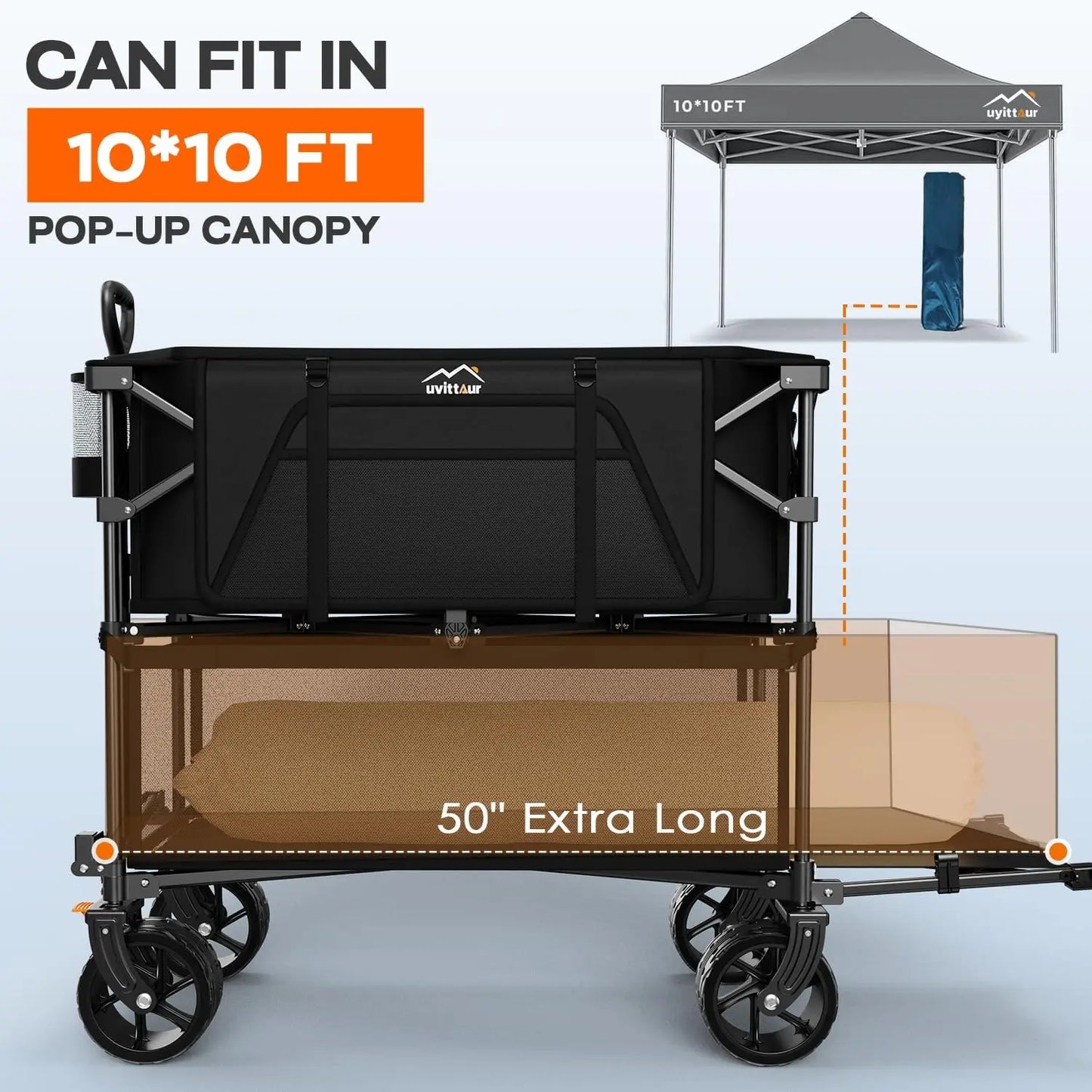 Foldable 50''L Extra Long Double Decker Wagon for Sport 400L Collapsible Heavy Duty Wagon Cart with Big Wheels Utility All-Terra