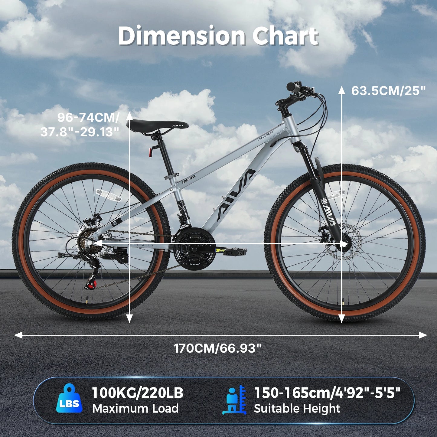 AIVA MT26FS 26 Inch Hardtail MTB, 21 Speed Mountain Bike, Bicycle for Teenagers and Adults, Lightweight Aluminum Frame, Suspension Fork, Front & Rear Disc Brakes