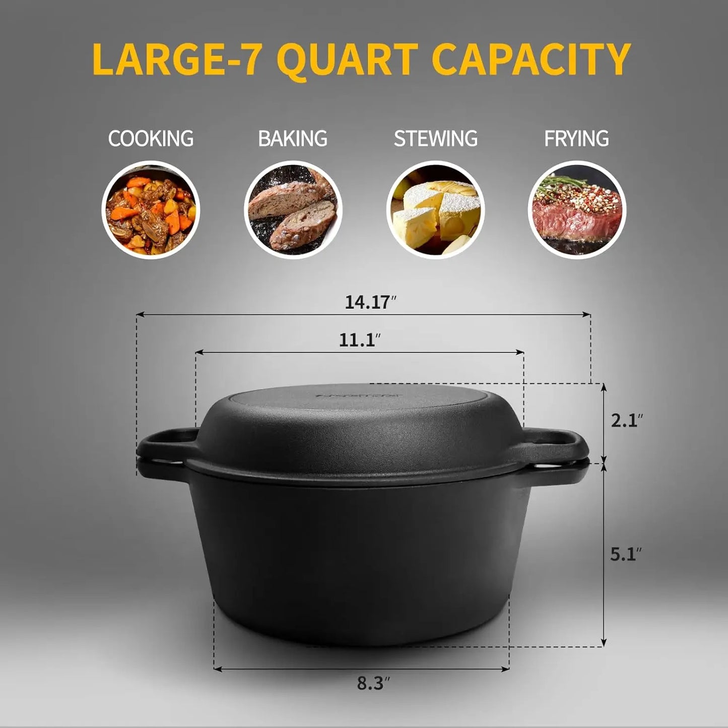 Pre-Seasoned Cast Iron Dutch Oven with Skillet Lid, 2-in-1 Cooking Pan Set, 7QT Dual Handles for Baking, Frying, Camping
