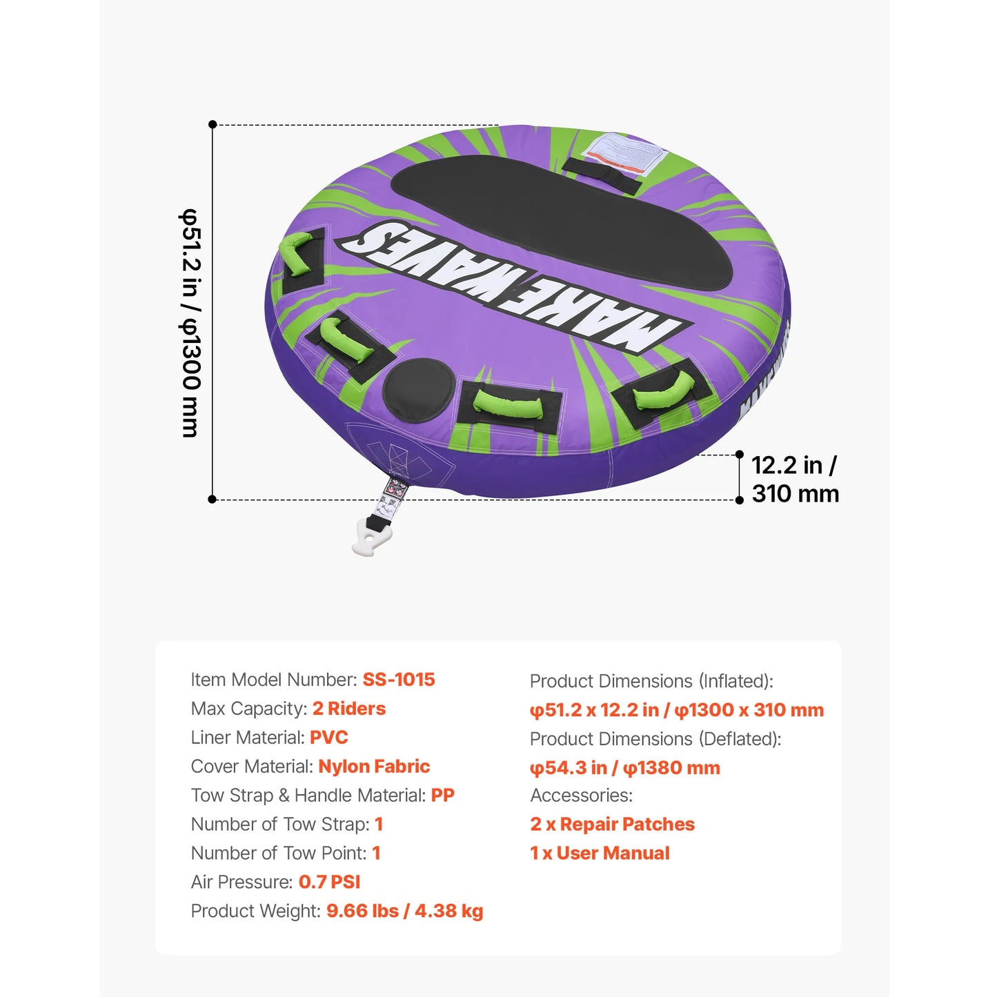 Towable Tubes for Boating 2-4 People Inflatable Boat Tubes and Towables with Anti-Slip Pad Water Sport Tube for Boat