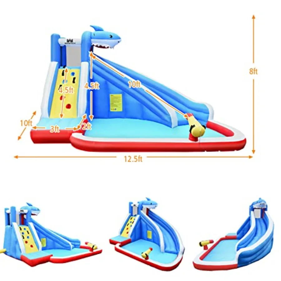 Inflatable Water Slide Shark Bounce House with Long Slide Climbing Wall Water Cannon Splash Pool for Outdoor Backyard Inflatabl