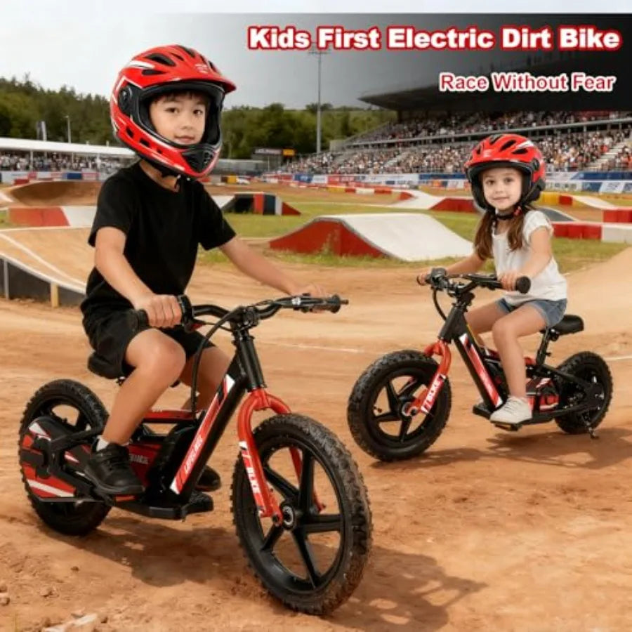 Electric balance bike for kids ages 3-5/4-8: lightweight aluminum frame, black/red color, adjustable speed up to 12 km/h, 40-mi