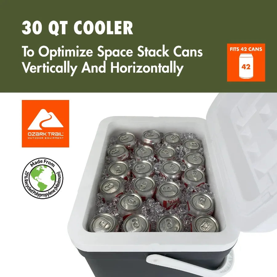 30 qt Hard-Sided Cooler for Outdoor Camping, Picnics, Tailgating Durable Gray Insulated Portable Ice Chest with Leak-Proof Lid