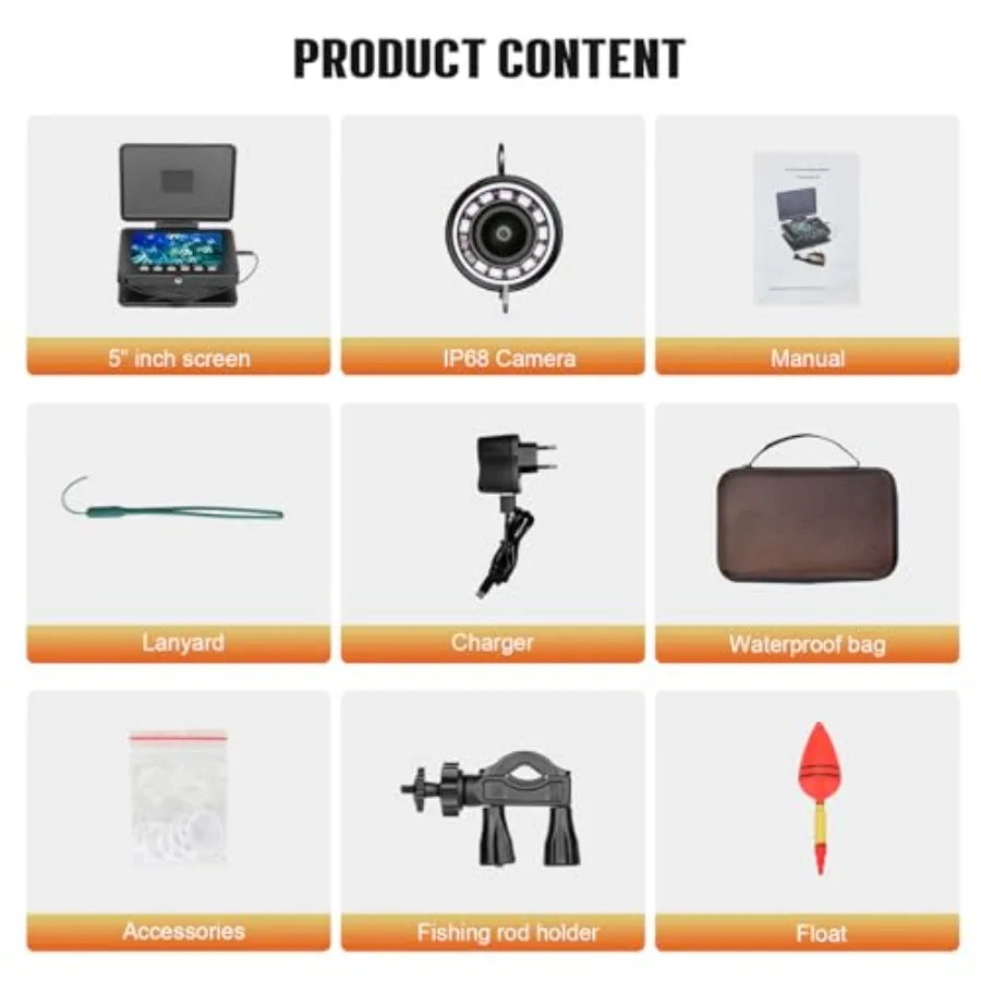 Underwater Fishing Camera for Ice Fishing, Portable 5 LCD, PVC Housing, Black, USB-C Charging, 3-Grade IR Lighting, 4X Zoom, 10