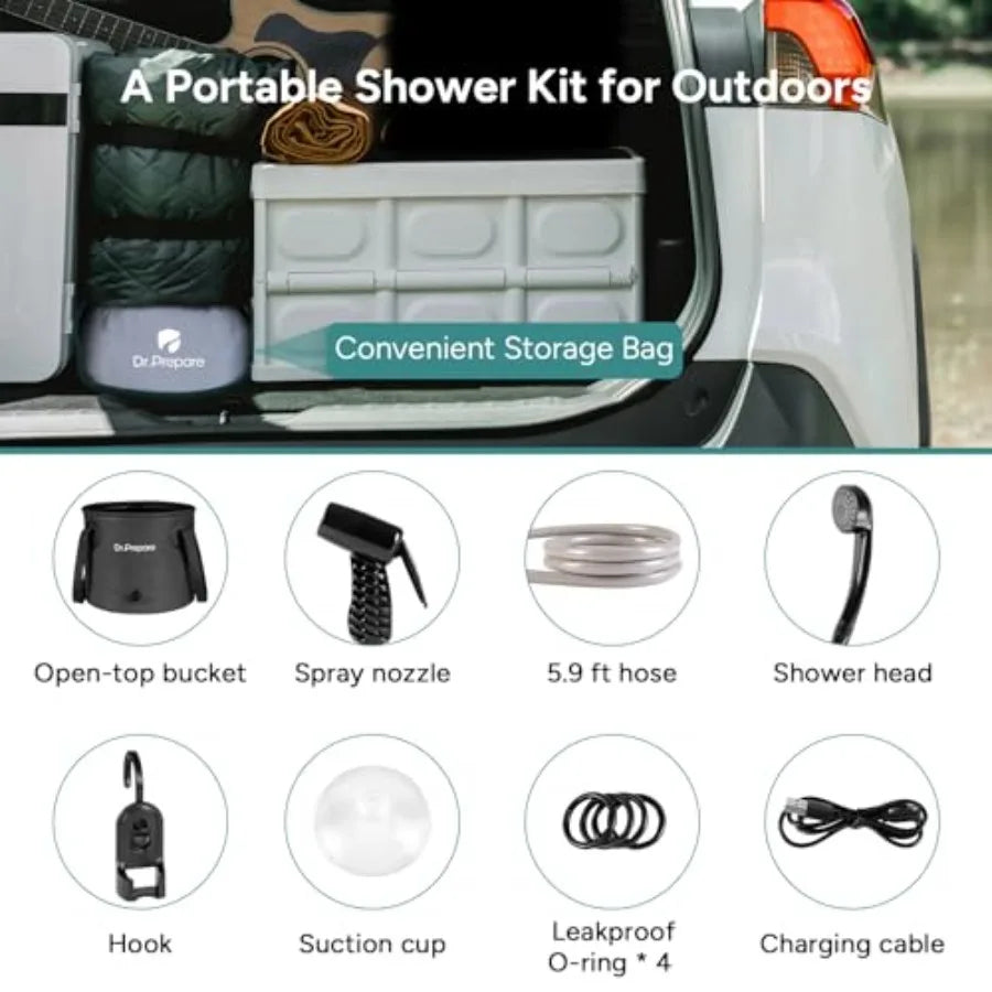 Portable Shower for Camping Camping Shower with 4.5 Gallons Foldable Bucket USB Rechargeable Battery 2 Shower Heads Outdoor Cam