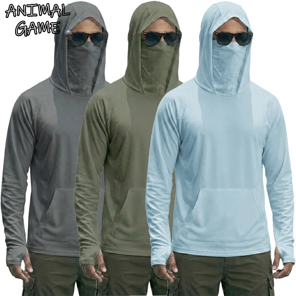 UPF50+ Performance Hoodie Summer Man Long Sleeve T-shirts Casual Shirt Sunscreen Ice Silk Tops Sun Running Quick Dry Hiking Tee