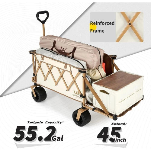 Collapsible olding Wagon with Table,Heavy Duty Utility Beach Wagons with Opened Taiate and All-Terrain Wheels or Camping,Garden,