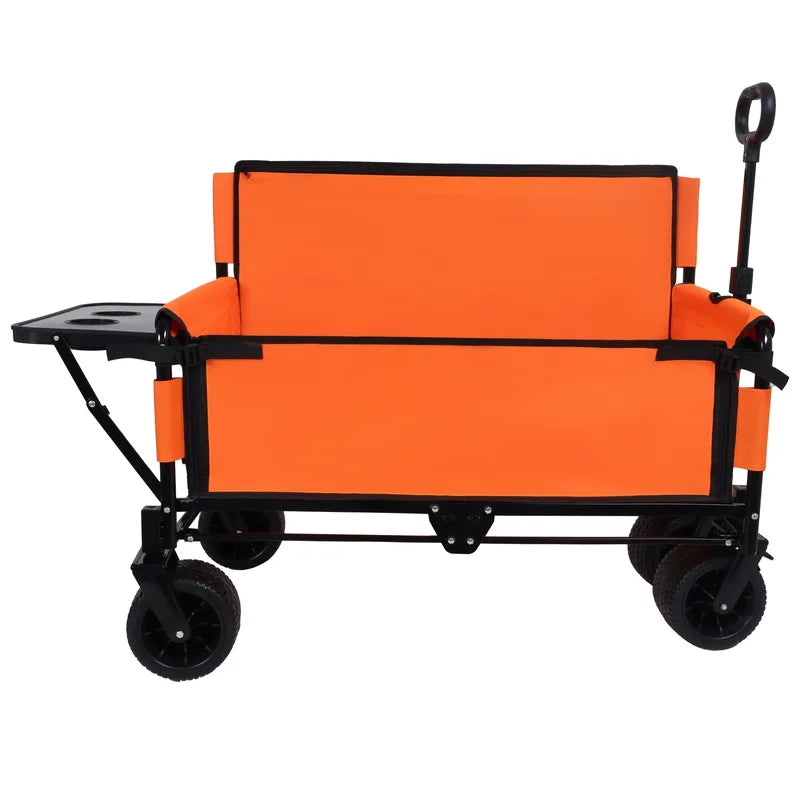 3-in-1 Heavy-Duty Folding Wagon with Bench Seat and Foldable Tabletop, 500lbs Capacity, All-Terrain Wheels for Camping, Beach, Garden, Orange