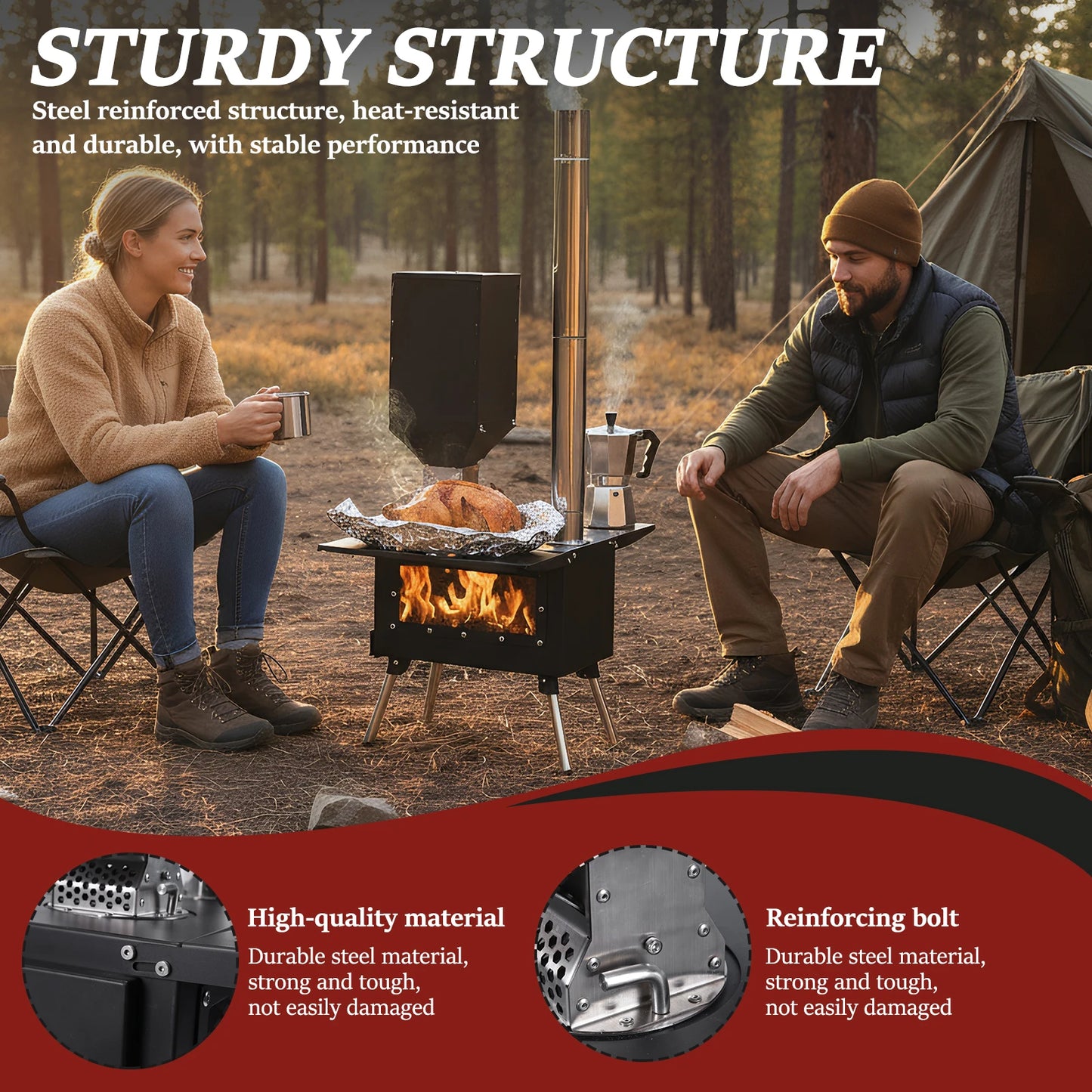 Burning Tent Stove Hot Tent Stove with Stainless Steel Construction Burner Chimney Pipes Included for Outdoor Cooking & Heating