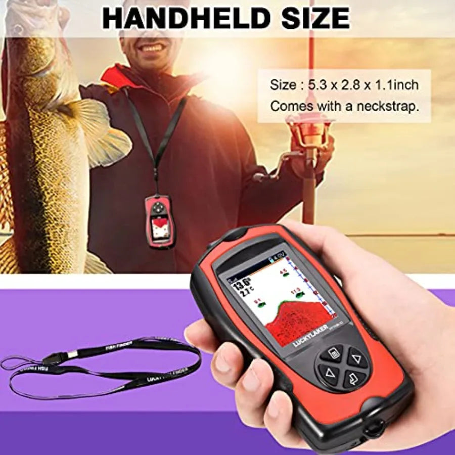Kayak fishing portable display fish finder with handheld transducer, white ABS plastic housing, 5-inch LCD screen, depth sensin