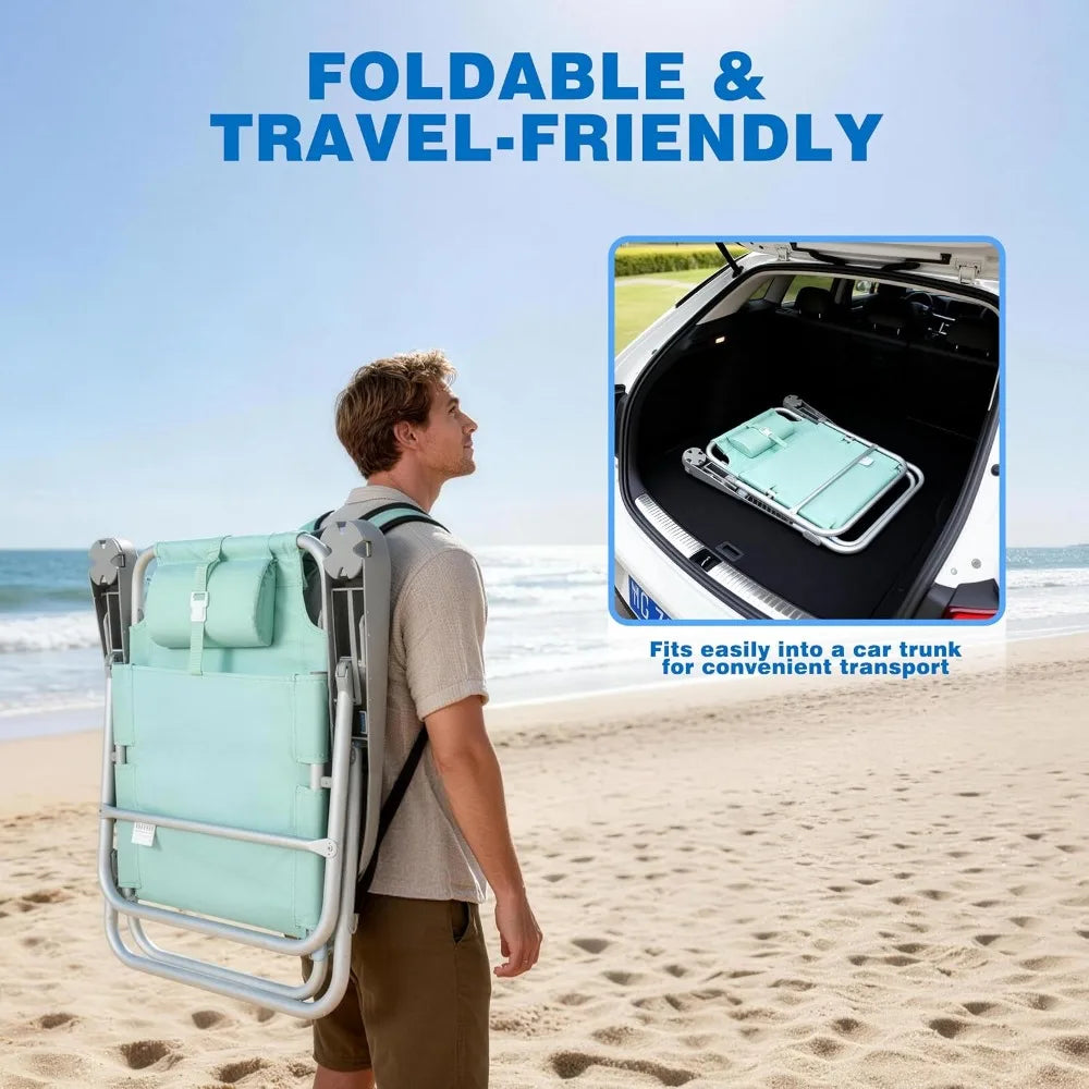 Extra Wide Low Beach Chair 5 Position Lay Flat 500 LBS Heavy Duty XL Portable Folding Camping Chair with Cup Holder for Outdoor