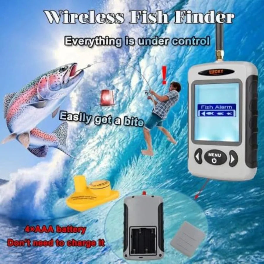 Handheld fish finder for boat and kayak use, ABS plastic body in black, wireless transducer with LCD depth display, portable an