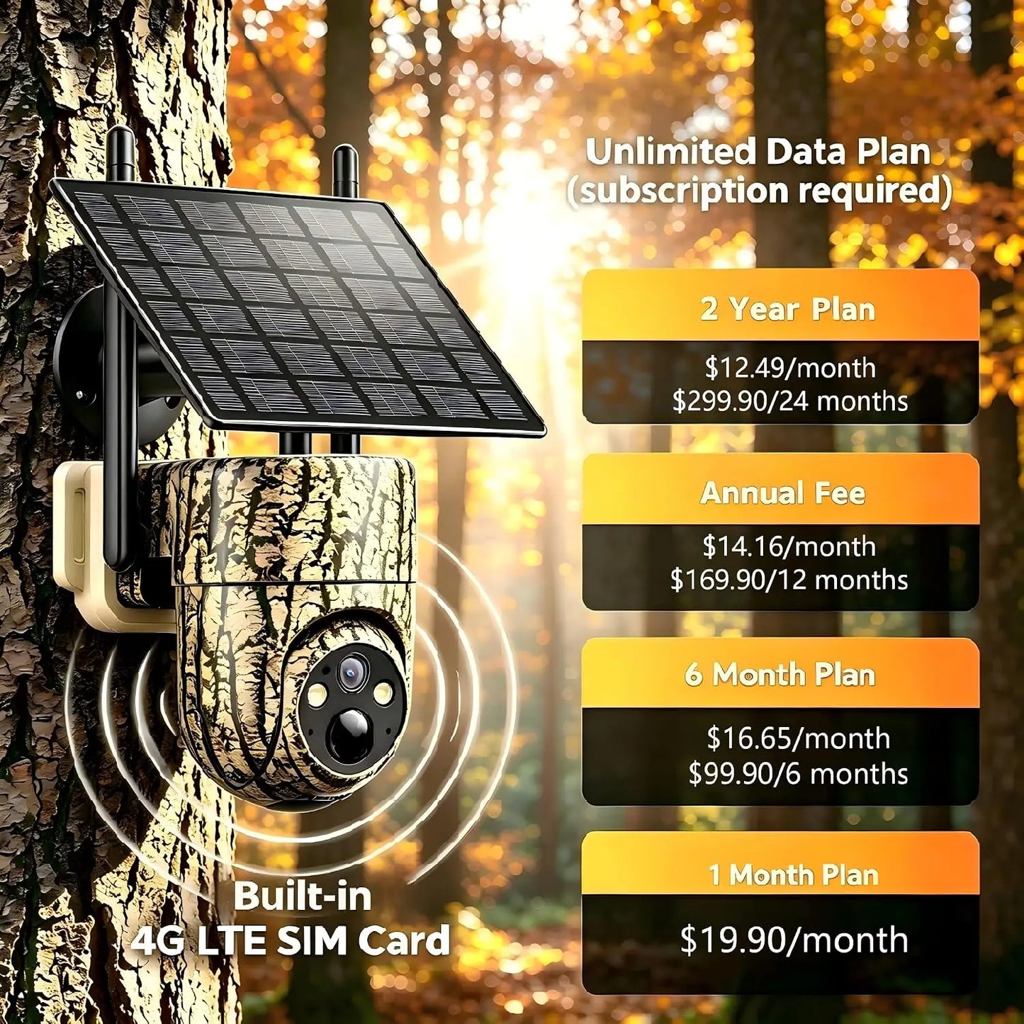 4G LTE Cellular Trail Camera with 360° 2K Live Streaming, SIM Card Included, Low-Glow Night Vision, Solar Powered, Instant Alerts, Dual Storage Options, No WiFi Needed for Hunting & Trail Use