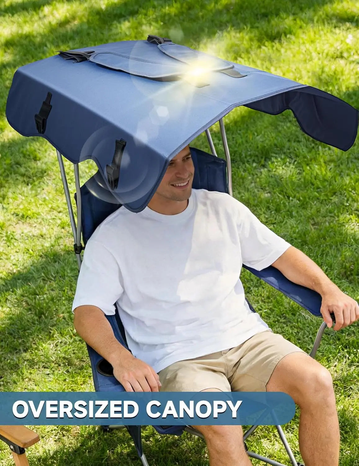 25" High Back Folding Beach Chair with Canopy Shade, Cup Holder, Side Pocket, 330 lbs Heavy Duty for Outdoors